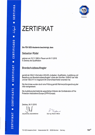Zertifikat Brandschutzbeauftragter von TÜV SÜD